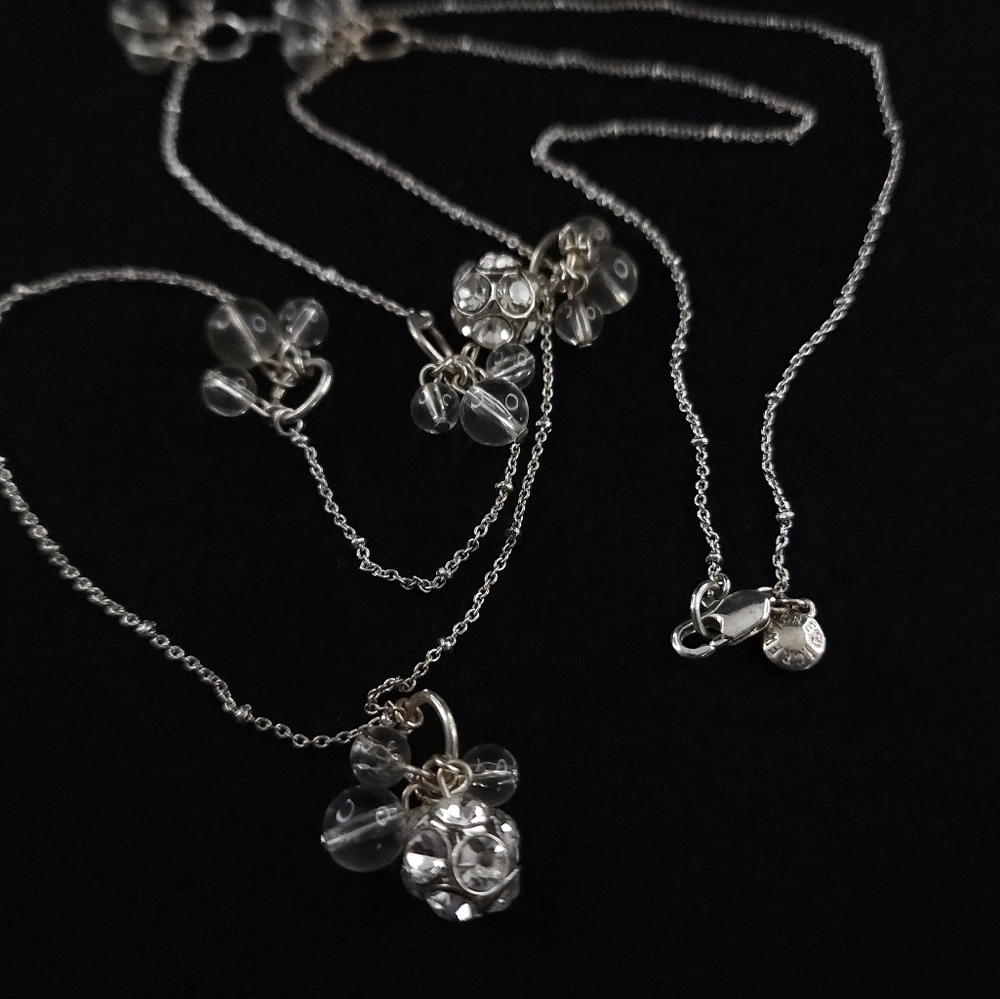 J. Crew long layer necklace with rhinestone ball beads and silver tone chain